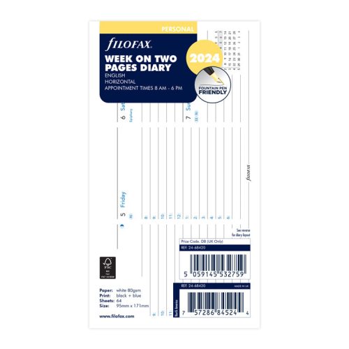 Horizontal Week On Two Pages Diary With Appointments - Personal 2024 English - Filofax