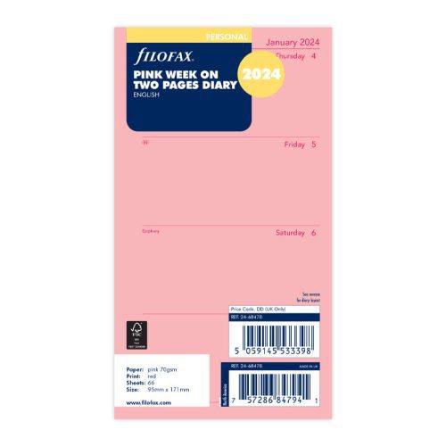 Week On Two Pages Diary - Personal Pink 2024 - Filofax