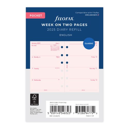 Week On Two Pages Diary - Pocket Pink 2025 English - 25-68278