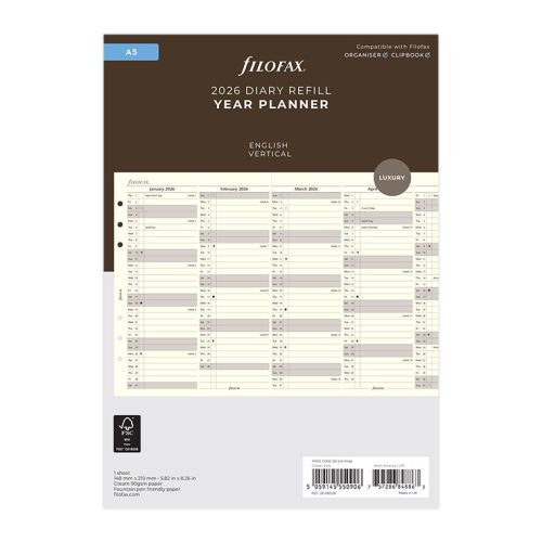 Vertical Year Planner - A5 Cotton Cream 2026 English - 26-68508